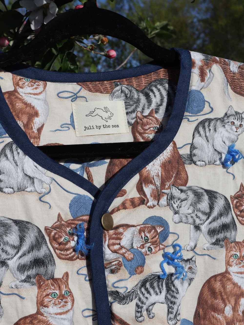 Upcycled Cat Vintage Print Quilt Vest in Cream and Blue - Picture 5 of 9